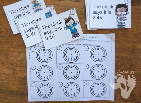 Free New Years Clock Task Cards -  2 levels of cards with matching worksheets. - 3Dinosaurs.com #printablesforkids #tellingtime #newyearsprintables #freeprintables