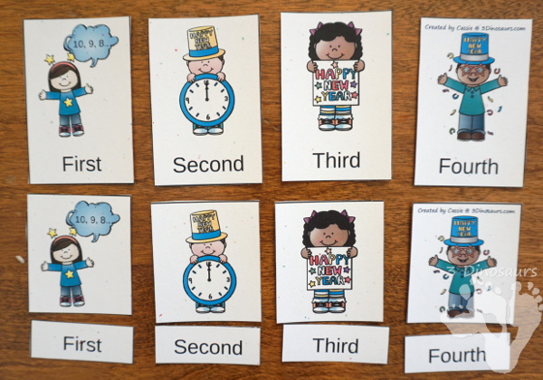 Sequencing: New Year's Eve -  with clip cards, task cards, no-prep worksheets and easy reader books $ - 3Dinosaurs.com #printablesforkids #sequencingforkids #winterprintables #tpt #teacherspayteachers