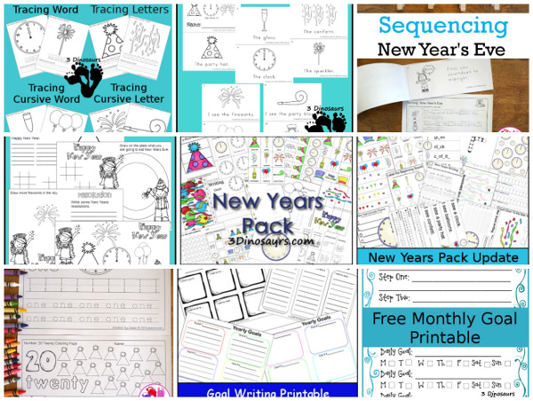 15+ New Years Printables - themed packs, abcs, numbers, easy reader books, and more - 3Dinosaurs.com #printablesforkids  #newyearsprintables 