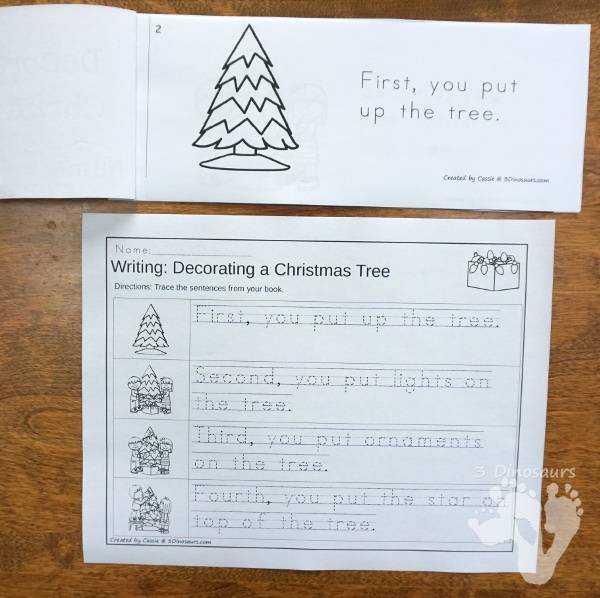 Sequencing Cards Set for Winter - 4 different sets: Decorating a Christmas Tree, Making Hot Chocolate, Making Cookies, and Wrapping A Gift in a growing bundle with clip cards, task cards, no-prep worksheets and easy reader books $ - 3Dinosaurs.com #printablesforkids #sequencingforkids #christmas #winterprintables #tpt #teacherspayteachers