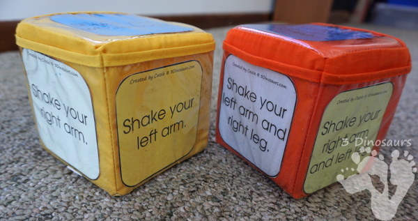 Free Wiggle and Shake  Gross Motor Dice - 12 movement, color, black & white, and speed dice for kids to have fun with - 3Dinosaurs.com #grossmotor #hokiepokie #freeprintable