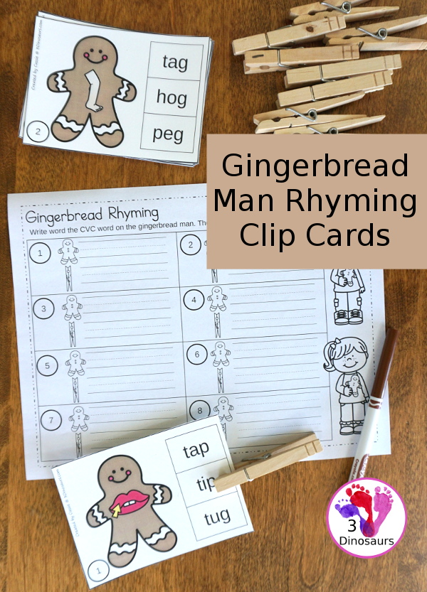 Free Fun Hands-On Gingerbread Rhyming CVC Clip Cards - 31 CVC word family words clip cards and recording sheet - 3Dinosaurs.com