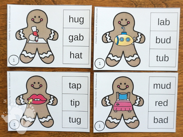 Free Fun Hands-On Gingerbread Rhyming CVC Clip Cards - 31 CVC word family words clip cards and recording sheet - 3Dinosaurs.com