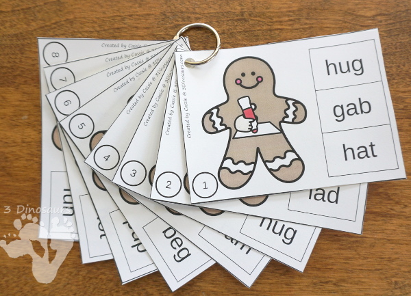 Free Fun Hands-On Gingerbread Rhyming CVC Clip Cards - 31 CVC word family words clip cards and recording sheet - 3Dinosaurs.com