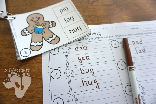 Free Fun Hands-On Gingerbread Rhyming CVC Clip Cards - 31 CVC word family words clip cards and recording sheet - 3Dinosaurs.com