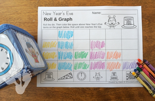 Free New Year's Roll & Graph - works on graphing or numbers 1 to 30 with a fun New Year's Eve theme - 3Dinosaurs.com