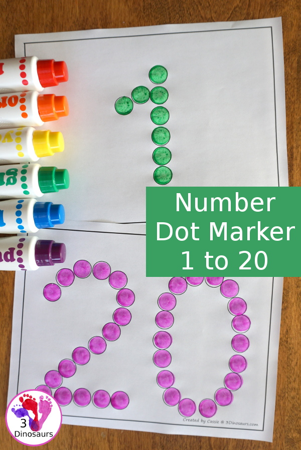 Free Number Dot Marker Printable: 1 to 20 - easy to use printable for kids that like to use dot markers or hands-on items - 3Dinosaurs.com