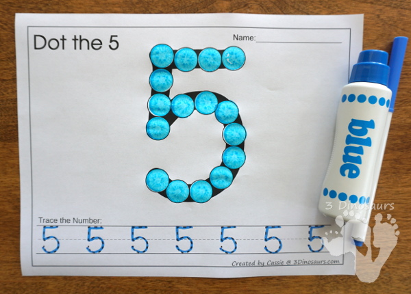 Number Dot Marker Worksheets: 0 to 20 - easy to use printable for kids that like to use dot markers or hands-on items with 6 options for kids to use.- 3Dinosaurs.com