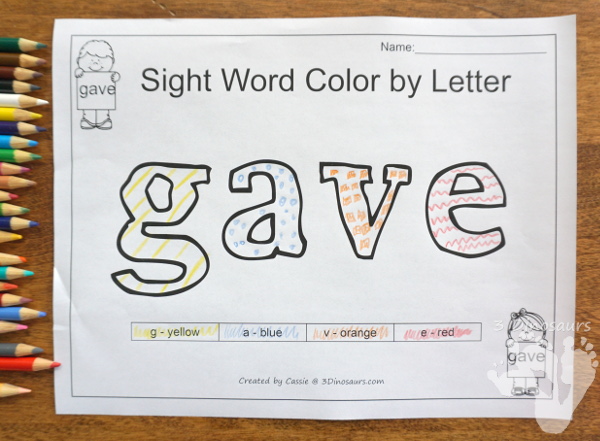 Free Romping & Roaring Second Grade Sight Words: gave, goes, green, its 6 pages of printables for each word - 3Dinosaurs.com