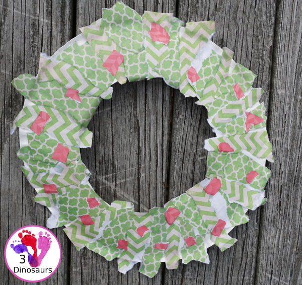 Torn Scrapbook Paper Holly Wreath - a simple and easy fine motor craft for kids to make at Christmas time - 3Dinosaurs.com