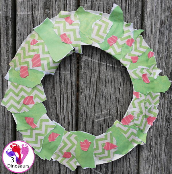 Torn Scrapbook Paper Holly Wreath - a simple and easy fine motor craft for kids to make at Christmas time - 3Dinosaurs.com