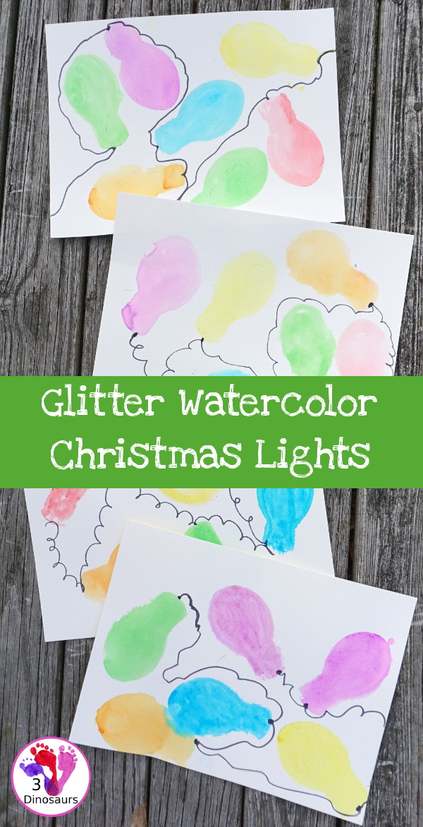 Easy to do Glitter Watercolor Christmas Lights Painting - using glitter watercolors and cookie cutters is easy to have different ages work together on a fun painting activity - 3Dinosaurs.com