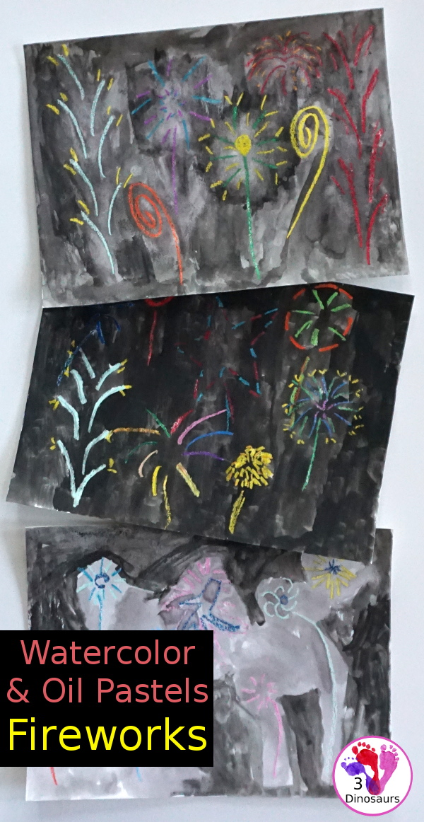 Watercolor & Oil Pastel Fireworks - easy to do fireworks watercolor painting with great for open ended design - 3Dinosaurs.com