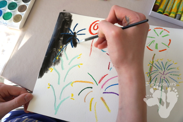 Watercolor & Oil Pastel Fireworks - easy to do fireworks watercolor painting with great for open ended design - 3Dinosaurs.com