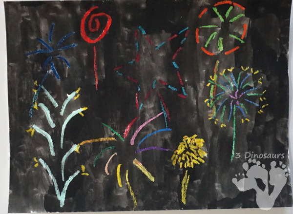 Watercolor & Oil Pastel Fireworks - easy to do fireworks watercolor painting with great for open ended design - 3Dinosaurs.com