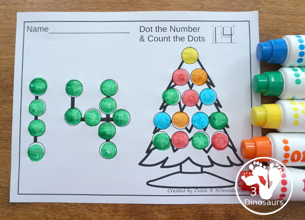 Christmas Tree, Present, and Gingerbread Man Themed Dot Marker Number & Counting - this is a fun counting activity with dot markers that works on numbers 0 to 20 with color or black and white options - 3Dinosaurs.com #christmasactivities #dotmaker #doadot #numbers #counting 