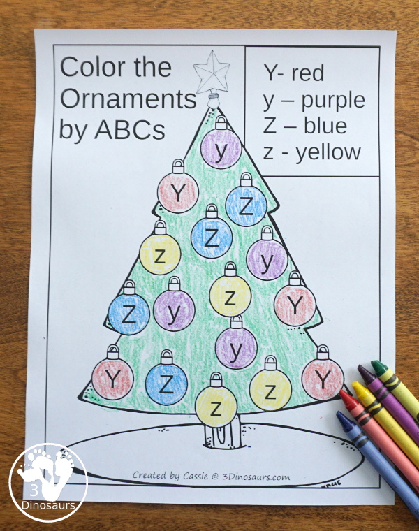 Free Christmas Tree ABC Coloring - A fun set of coloring pages that work on uppercase and lowercase letters with two letters on a no-prep page - 3Dinosaurs.com