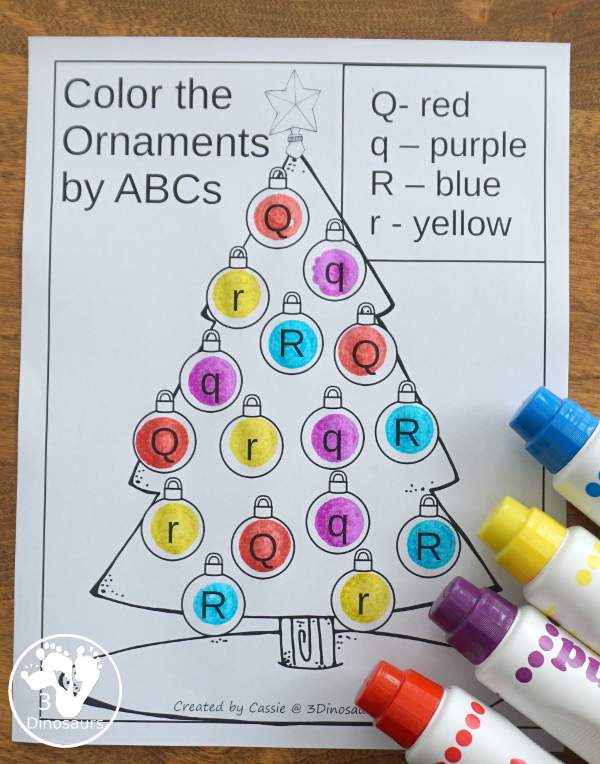 Free Christmas Tree ABC Coloring - A fun st of coloring pages that work on uppercase and lowercase letters with two letters on a no-prep page - 3Dinosaurs.com