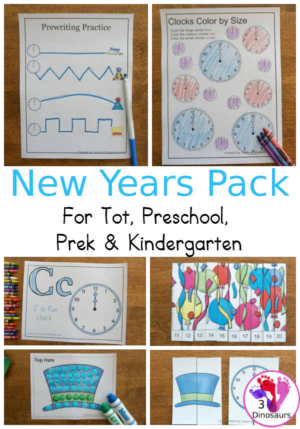 Free New Years Packs for Tot, Preschool, PreK and Kindergarten - with a mix of hands-on and no-prep activities for New Year with over 50 pages of free printables for prek and kindergarten and 12 pages free for tot and preschool  - 3Dinosaurs.com