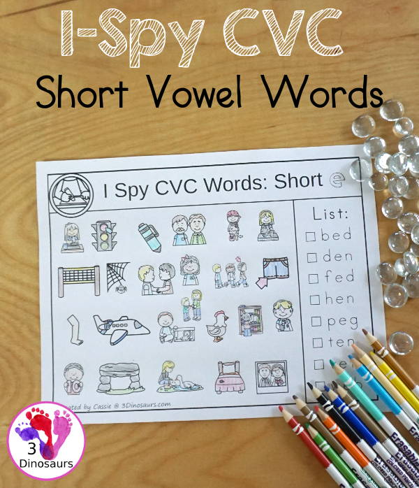 Free I Spy CVC Short Vowel Words Worksheet - 5 worksheets with CVC short vowel words and each page has one vowel sound and eight words to find - 3Dinosaurs.com  #3dinosaurs #kindergarten #firstgrade #cvc #wordfamily #learningtoread #shortvowels #freeprintable