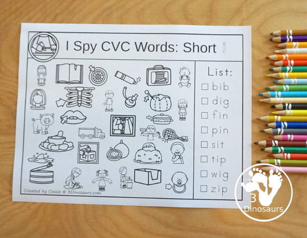 Free I Spy CVC Short Vowel Words Worksheet - 5 worksheets with CVC short vowel words and each page has one vowel sound and eight words to find - 3Dinosaurs.com  #3dinosaurs #kindergarten #firstgrade #cvc #wordfamily #learningtoread #shortvowels #freeprintable