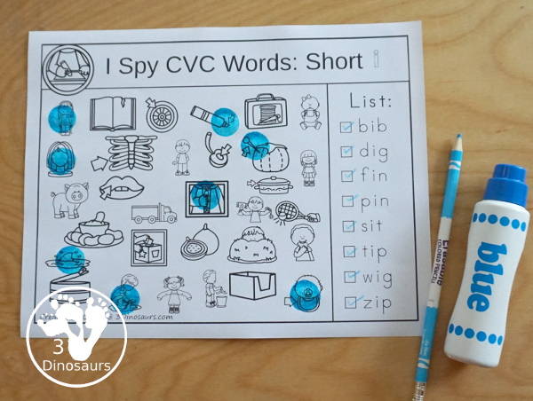 Free I Spy CVC Short Vowel Words Worksheet - 5 worksheets with CVC short vowel words and each page has one vowel sound and eight words to find - 3Dinosaurs.com  #3dinosaurs #kindergarten #firstgrade #cvc #wordfamily #learningtoread #shortvowels #freeprintable