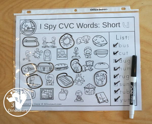 Free I Spy CVC Short Vowel Words Worksheet - 5 worksheets with CVC short vowel words and each page has one vowel sound and eight words to find - 3Dinosaurs.com  #3dinosaurs #kindergarten #firstgrade #cvc #wordfamily #learningtoread #shortvowels #freeprintable