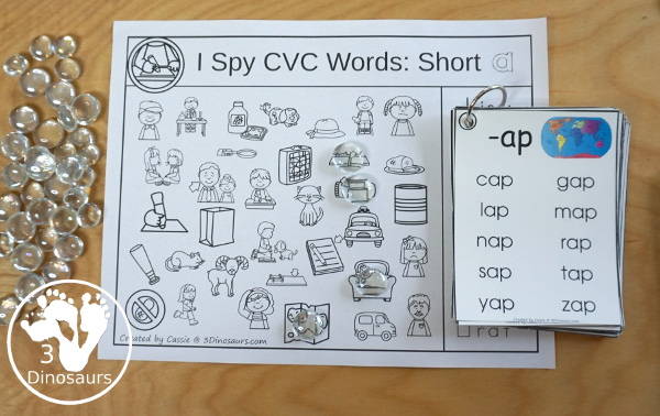 Free I Spy CVC Short Vowel Words Worksheet - 5 worksheets with CVC short vowel words and each page has one vowel sound and eight words to find - 3Dinosaurs.com #3dinosaurs #kindergarten #firstgrade #cvc #wordfamily #learningtoread #shortvowels #freeprintable