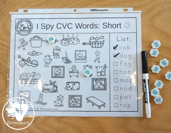 Free I Spy CVC Short Vowel Words Worksheet - 5 worksheets with CVC short vowel words and each page has one vowel sound and eight words to find - 3Dinosaurs.com  #3dinosaurs #kindergarten #firstgrade #cvc #wordfamily #learningtoread #shortvowels #freeprintable