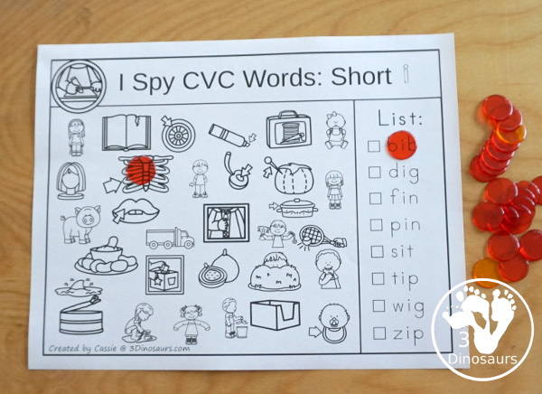 Free I Spy CVC Short Vowel Words Worksheet - 5 worksheets with CVC short vowel words and each page has one vowel sound and eight words to find - 3Dinosaurs.com #3dinosaurs #kindergarten #firstgrade #cvc #wordfamily #learningtoread #shortvowels #freeprintable