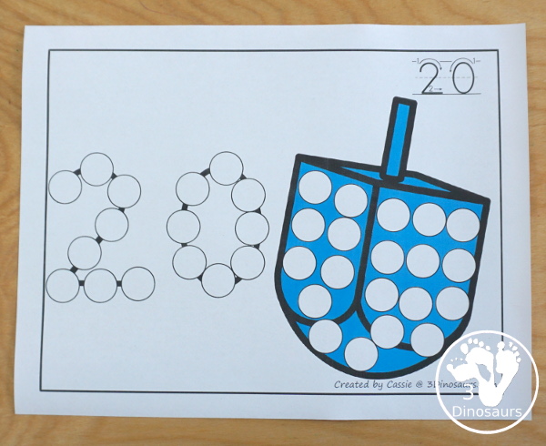 Dreidel Dot the Number Count the Number - an easy way to work on numbers from 0 to 20 with fine motor work and counting with this great Hanukkah theme for PreK and Kindergarten - 3Dinosaurs.com