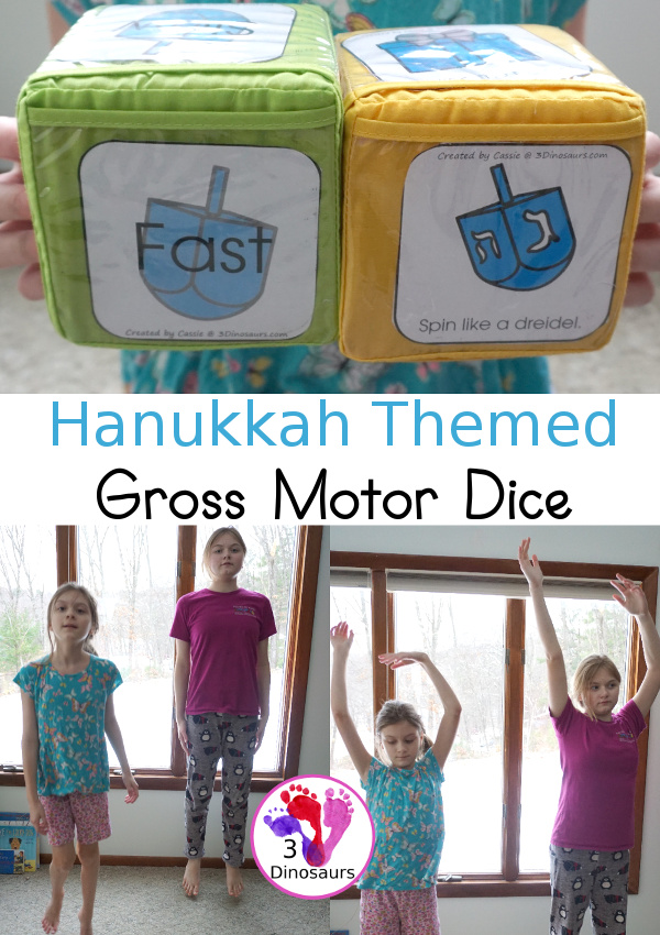 Free Hanukkah Gross Motor Dice - to get kids moving and have fun with easy gross motor movements and fun way to remember parts of the Hanukkah - 3Dinosaurs.com