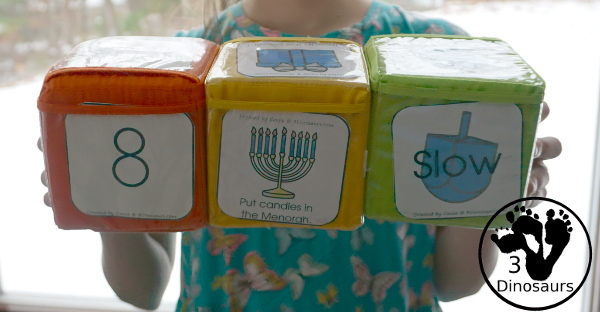 Free Hanukkah Gross Motor Dice - to get kids moving and have fun with easy gross motor movements and fun way to remember parts of the Hanukkah - 3Dinosaurs.com