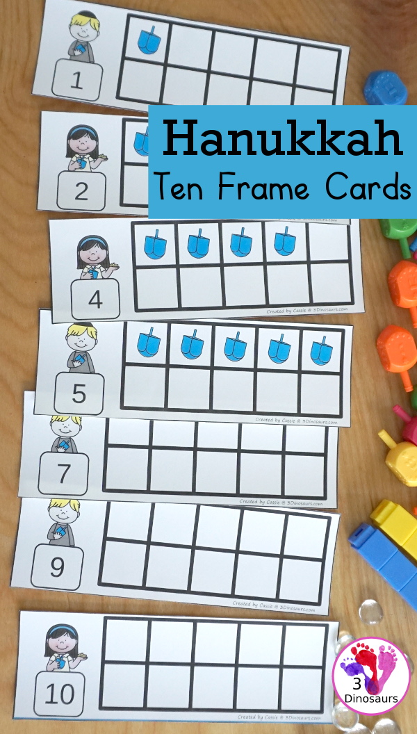 Free Hanukkah Ten Frame Cards - two set with cards to work on numbers from 1 to 10 with cards filled out and blank - 3Dinosaurs.com