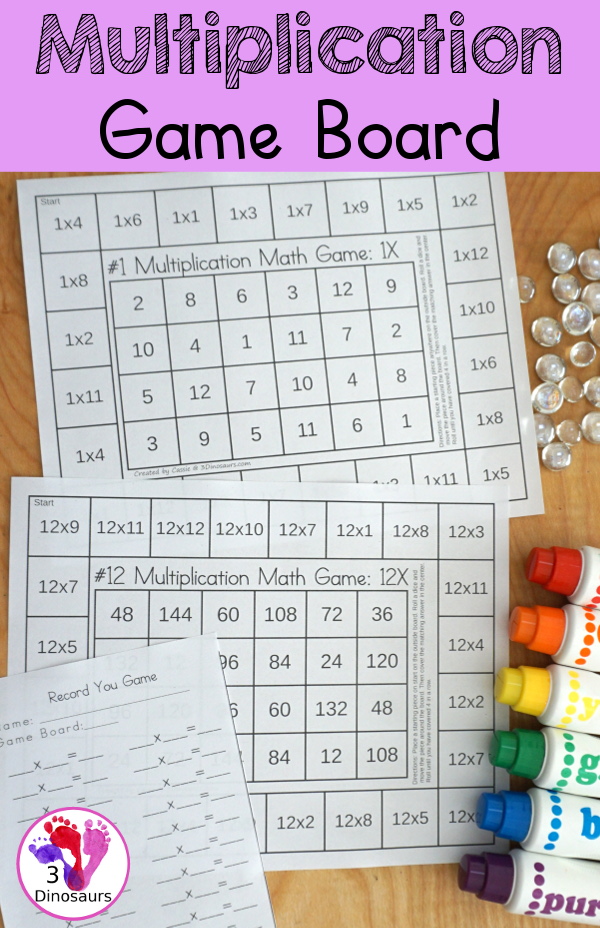 Free Multiplication Board Games - with 12 game boads to practice multiplication while having fun practice multiplication math facts - 3Dinosaurs.com