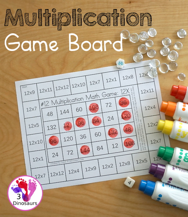 Free Multiplication Board Games - with 12 game boads to practice multiplication while having fun practice multiplication math facts - 3Dinosaurs.com