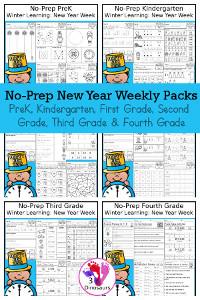 New Years Weekly No-Prep Packs For Prek to 4th Grade