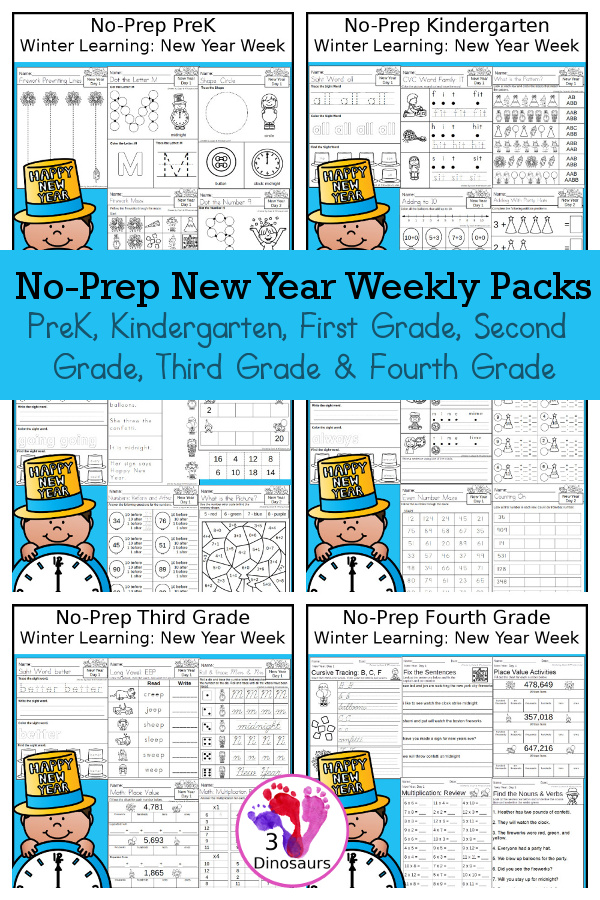 No-Prep New Year Themed Weekly Packs for PreK, Kindergarten, First Grade, Second Grade, Third Grade & Fourth Grade with 5 days of activities to do for each grade level - These are great for activities New years and New  years Eve themes for kids to have for fun seasonal learning time - 3Dinosaurs.com