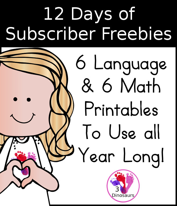 12 Subscriber Freebies for December 2021 - with 6 language printables and 6 math printables all free to use with kids - 3Dinosaurs.com