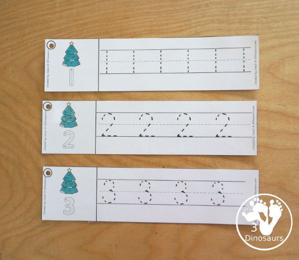 Free Christmas Tree Themed Number Tracing Strips - with numbers 0 to 20. You have an example of how to trace the number and then numbers to trace - 3Dinosaurs.com