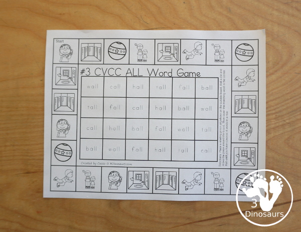 CVCC Word Family Printable Games - with 31 board for kids to work on a mix of CVCC and CCVCC words. All the games are done by word ending - 3Dinosaurs.com