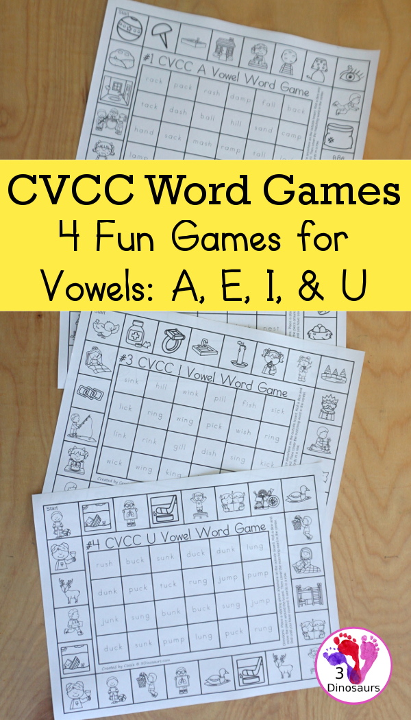 Free CVCC Word Printable Games - 4 fun games with CVCC short a words, CVCC short e words, CVCC short i words, CVCC sort u words with pictures outside and words to find in the middle. A great review for CVCC words- 3Dinosaurs.com