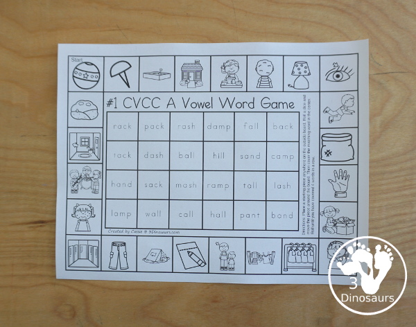 Free CVCC Word Printable Games - 4 fun games with CVCC short a words, CVCC short e words, CVCC short i words, CVCC sort u words with pictures outside and words to find in the middle. A great review for CVCC words- 3Dinosaurs.com