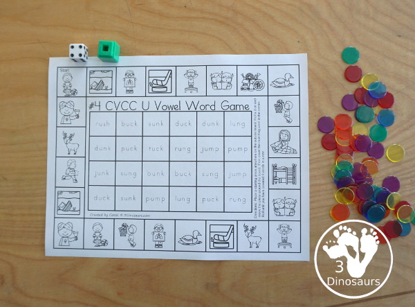 Free CVCC Word Printable Games - 4 fun games with CVCC short a words, CVCC short e words, CVCC short i words, CVCC sort u words with pictures outside and words to find in the middle. A great review for CVCC words- 3Dinosaurs.com