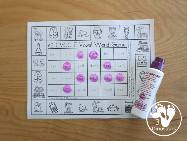 Free CVCC Word Printable Games - 4 fun games with CVCC short a words, CVCC short e words, CVCC short i words, CVCC sort u words with pictures outside and words to find in the middle. A great review for CVCC words- 3Dinosaurs.com