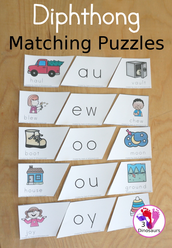 Free Diphthongs Matching Puzzles - three piece puzzle for kids to make with diphthong vowel and two matching pictures - 3Dinosaurs.com