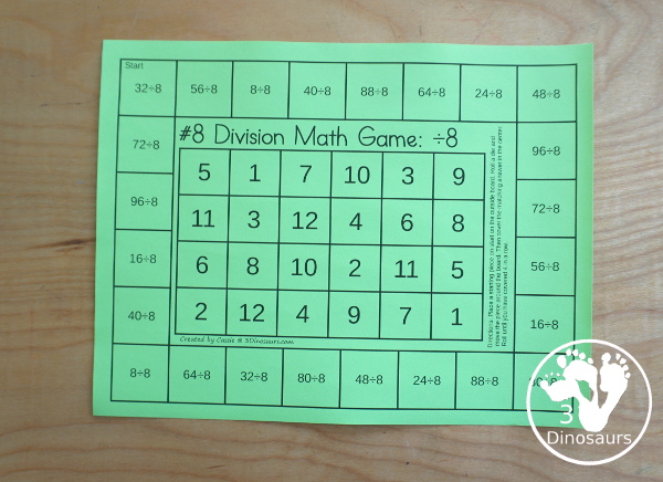 Free Division Board Game Printable - with 12 game boards to practice division while having fun practice division math facts - 3Dinosaurs.com