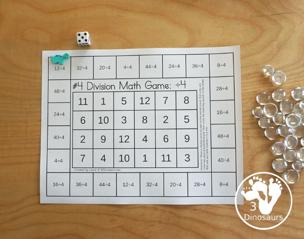 Free Division Board Game Printable - with 12 game boads to practice division while having fun practice division math facts - 3Dinosaurs.com