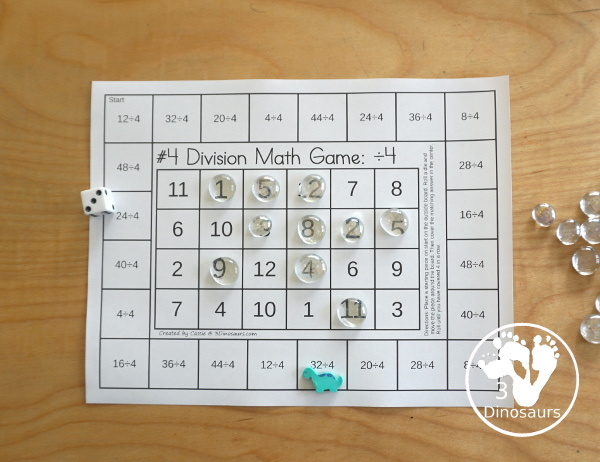 Free Division Board Game Printable - with 12 game boads to practice division while having fun practice division math facts - 3Dinosaurs.com