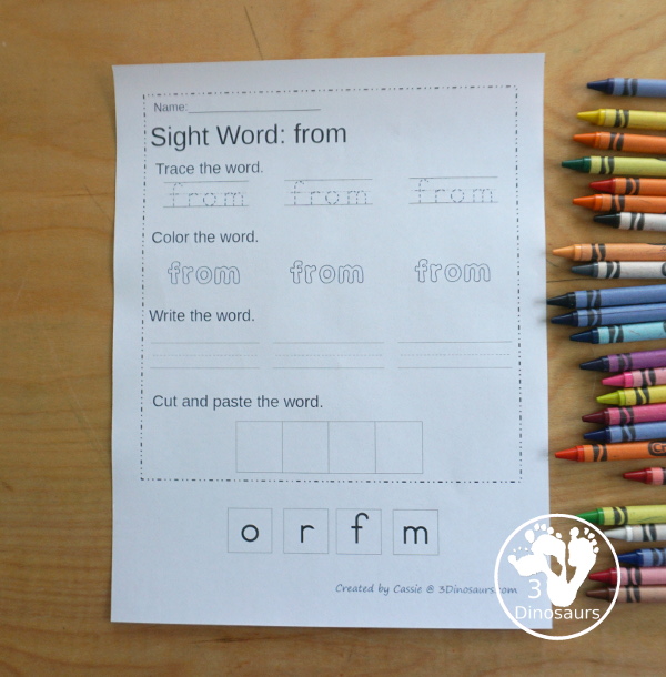 Free First Grade Sight Word Trace, Color, Write, Cut & Paste - all 41 dolch first grade sight words in an easy to use worksheet that has trace, coloring, writing, and cut and paste for the sight words - 3Dinosaurs.com